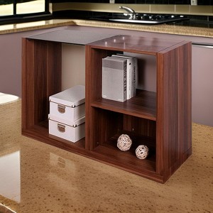 Royal Hampton 47 Inch Sofa Table with Black Glass Top, Open Shelves, Brown Wood - 1 of 4