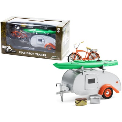 Teardrop Camper Travel Trailer w/Roof Rack Silver w/Orange Trim & 4 Accessories Hitch & Tow Trailers 1/24 Diecast by Greenlight