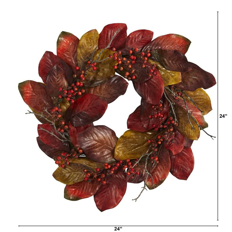 Nearly Natural 24” Harvest Magnolia Leaf and Berries Artificial Wreath, 2 of 4