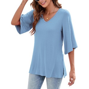 Clearlove Women's Blouse Tops Bell Sleeve Top 3/4 Sleeve V Neck Shirt Loose Casual Tops for Women - 1 of 1