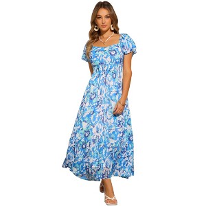 INSPIRE CHIC Women's Floral Square Neck Puff Short Sleeve High Waist Smocked Back Flowy Tiered Maxi Dress - 1 of 4