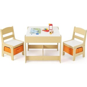 Jojoka 3-in-1 Kids Table and Chair Set with Storage Drawer, Double-Sided Blackboard, Toddler Activity Desk & Chairs – Natural Finish - 1 of 4