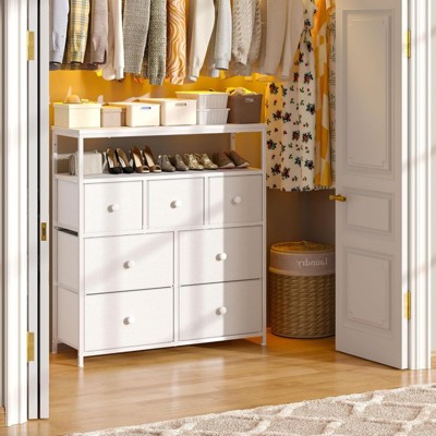 SKRAN Dresser for Bedroom with 7 Drawers and 2 Shelves for Closet with Wooden Top and Metal Frame, Tall Dressers & Chest of Drawers