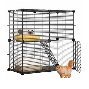 2 Tier Ferret Cage 28in x 14in Cat Enclosure or Rabbit Hutch Black Metal with Lock - 1 of 4