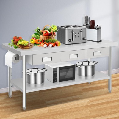 Stainless Steel Workbench with 3 Drawers - 72" Commercial Prep Table with Paper Towel Holder for Kitchen, Garage & Warehouse