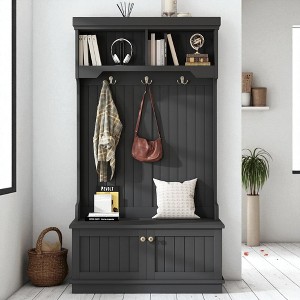 Mshliw 4-in-1 Hall Tree with Storage Bench and Coat Hooks, Entryway Organizer with Shoe Cabinet, Shelves, and Seating for Hallway or Mudroom - 1 of 4