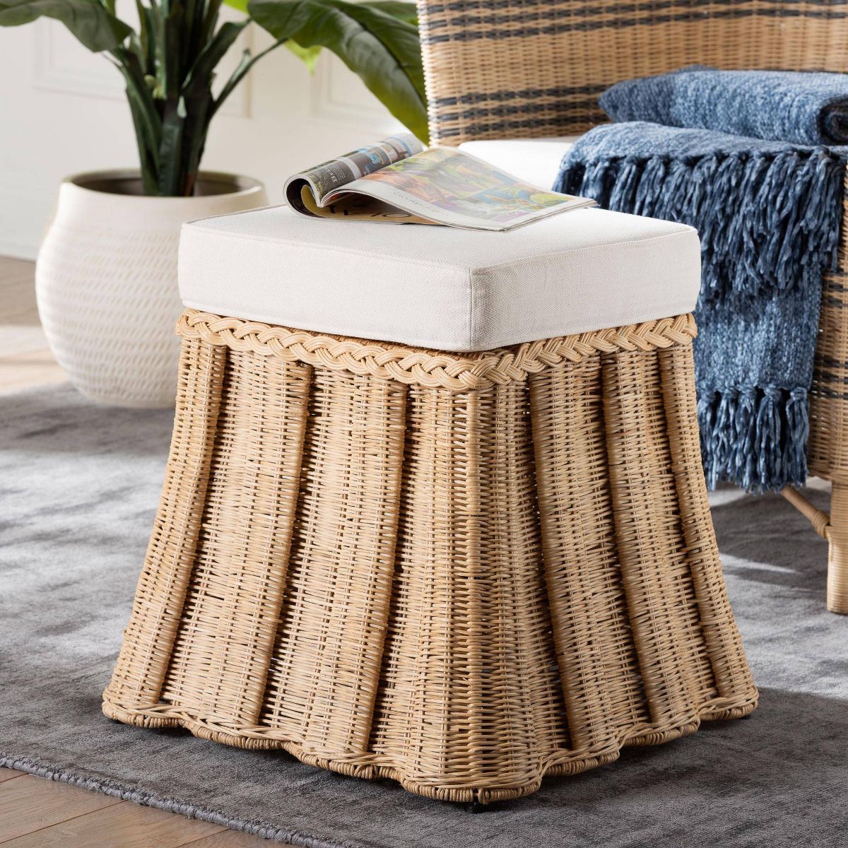 bali & pari Rotem Natural Rattan Small Ottoman with Cushion Natural Brown - thumbnail 5