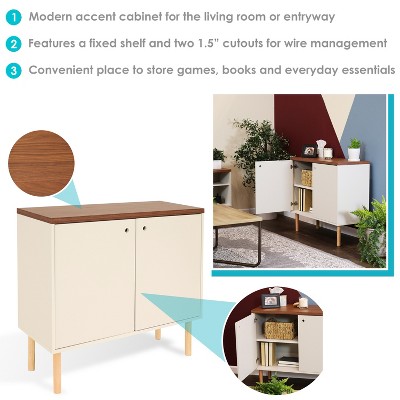 Latte Mid-Century Modern 2-Door Accent Cabinet with Eucalyptus Legs