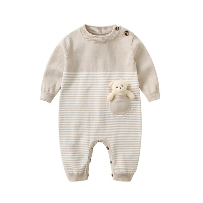 MyKids-USA Baby Striped Knit Pattern Bear Patched Design Kintted Quality Romper