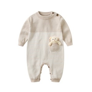 MyKids-USA Baby Striped Knit Pattern Bear Patched Design Kintted Quality Romper - 1 of 4