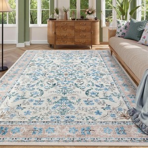Washable Area Rug, Boho Floral Soft Rugs for Living Room, Non Slip Low Pile Carpet for Bedroom - 1 of 4