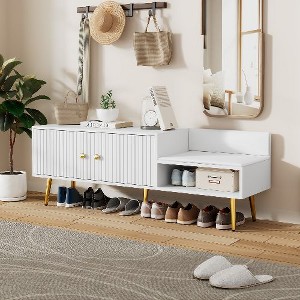 PAGED Modern Shoe Bench with Backrest, Storage Bench with 5 Metal Legs, 2-Door Ottoman with Storage, Upholstered Cushions Entryway Bench - 1 of 4