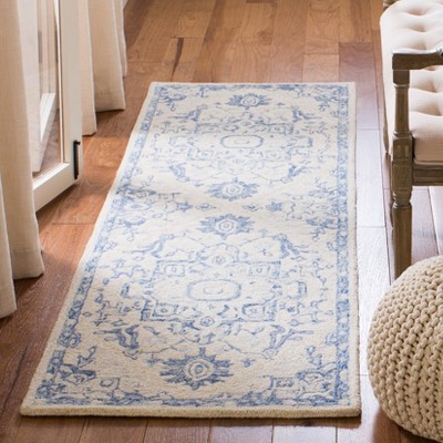 Ivory and Blue Handmade Wool Runner Rug