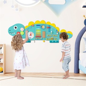 Angel Sar 11-in-1 Dinosaur Wooden Activity Wall Busy Board, Montessori Sensory Toy with Xylophone, Gears, Clock & Sliders - 1 of 4