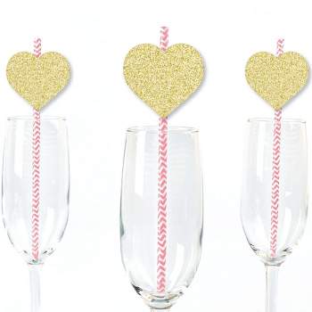 Big Dot of Happiness Gold Glitter Hearts Party Straws - No-Mess Real Gold Glitter Cut-Outs & Decorative Valentine's Day Party Paper Straws - Set of 24
