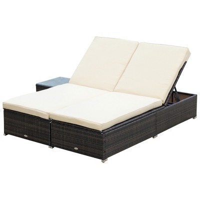 Beige Cushioned PE Rattan Wicker Outdoor Chaise Lounge Set with Table