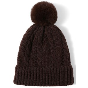 Women's Solid Color 100% Acrylic Cable Knit Hat with pom And Fleece Lining - 1 of 4
