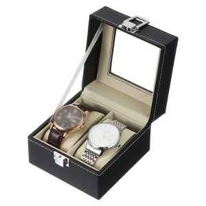 Unique Bargains PU Leather Glass Cover Wooden Watch Storage Box - 1 of 4