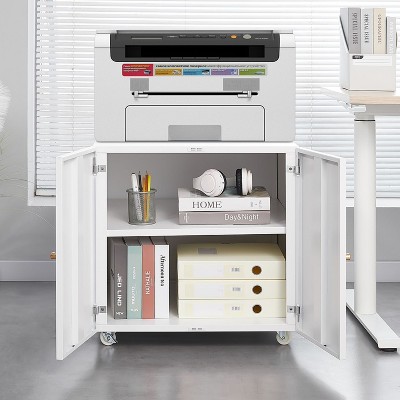 White Mobile Steel Printer Stand with Storage Cabinet