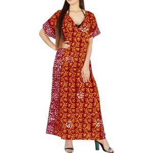 LA LEELA Women's Summer Batik Caftan Maxi Night Loungewear Dashiki House Dress V Neck Kaftan Sleepwear for Women Nightgown Plus size 3X-4X Red, Leaf - 1 of 3