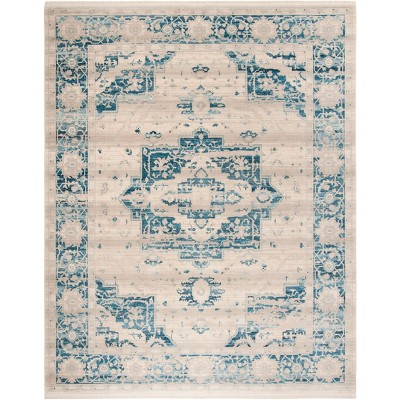 Vintage Blue and Ivory Flat Woven Wool Synthetic Area Rug 8' x 10'
