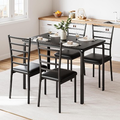 Glass Dining Table Set w/ 4 PU Chairs, Compact Rectangular Table for Small Spaces, Metal Frame, Black