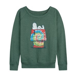 Women's - Peanuts - Snoopy Tie Dye House Lightweight French Terry Wide Neck Long Sleeve Shirt - 1 of 4