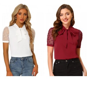 INSPIRE CHIC Women's Bow Tie V Neck Stand Collar Short Mesh Sleeve Blouse 2 Packs - 1 of 4