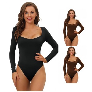 Allegra K Women's Long Sleeve Slim Fit Stretchy Square Neck Leotard Jumpsuit 3 Packs - 1 of 4
