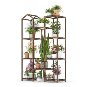 4-Tier Wooden Plant Stand with Grow Light - Ladder Shelf for Indoor Plants, Balcony or Living Room - Space Saving Carbonized Wood Design - 1 of 4