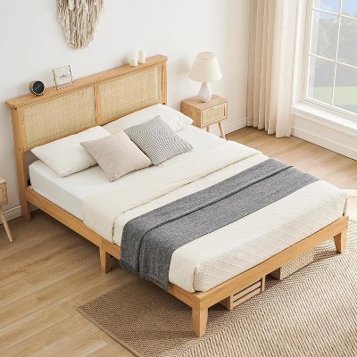 Bohemian Full Size Bed Frame with Rattan Headboard & LED Lights – Under-Bed Storage Drawers, Wood Slat Support, No Box Spring Needed