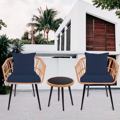 3-piece Pe Rattan Navy Patio Small Space Chat Set, Bistro Set With Side ...