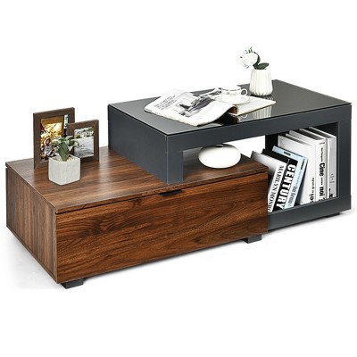 Costway Modern Coffee Table Chic Glass Top Cocktail Tea Table w/ Storage Cabinet