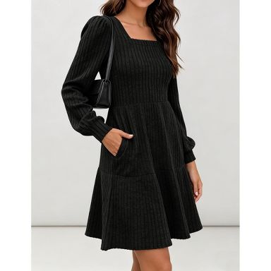 knit tiered mini dress Women Square Neck Puff Long Sleeve Ribbed with Side Pockets, Black, XXL : Target Sleeveless dresses