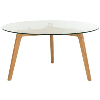 Marjoram Round Glass Coffee Table - Clear / Oak - Safavieh