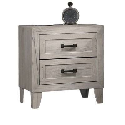 Vynxaria Contemporary 2-Drawer Nightstand - White Wash, Melamine/Paper Veneer, French Dovetail, Black Metal Bar Pulls, 1pc Bedroom Furniture