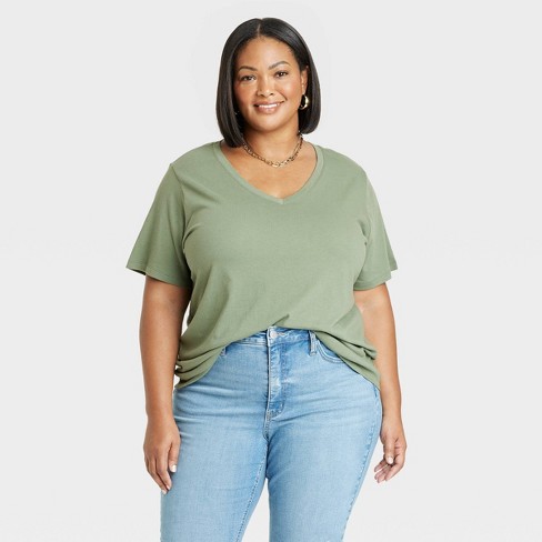 Women's Short Sleeve V-neck T-shirt - Ava & Viv™ Green 4x : Target