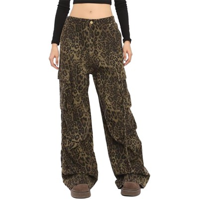 Clotth Women's Leopard Print Jeans Mid Rise Straight Leg Cargo Pants Casual Y2K Hip-Hop Streetwear Baggy Trousers, Leopard print