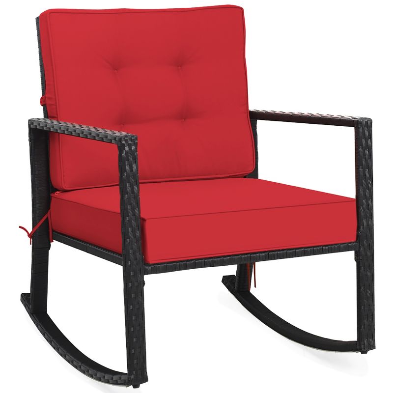 Costway Patio Rattan Rocker Chair Outdoor Glider Wicker Rocking Chair Cushion Lawn Red, 3 of 9