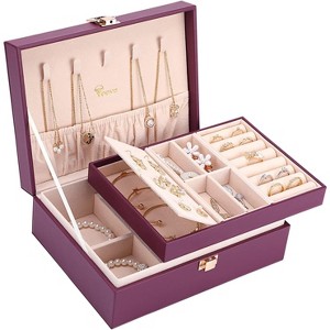 2-Layer Pink PU Leather Jewelry Box, Vintage Organizer with Removable Tray for Necklaces, Earrings, Rings, Bracelets - 1 of 4