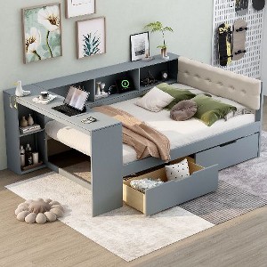 CAVINAS Linen Upholstered Platform Bed Frame with Storage Shelves & Drawers, Charging Station Beds with Headboards, Pine Wood Bed Frame for Bedroom - 1 of 4