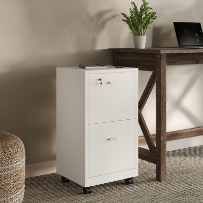 White Mobile 2-Drawer Lockable File Cabinet with Wheels