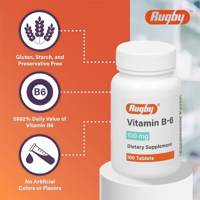 Rugby, Vitamin B-6 100mg, Dietary Supplement - 100 Tablets