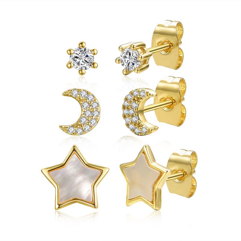 14k Yellow Gold Plated with Mother of Pearl & Cubic Zirconia Solitaire Star & Crescent Moon Astrological Zodiac Galaxy 3-Piece Stud Earrings Set, 2 of 4