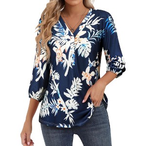 Nlife Women's Casual V Neck Floral Print 3/4 Length Sleeve Blouses Tropical Hawaiian Shirt Tops - 1 of 4