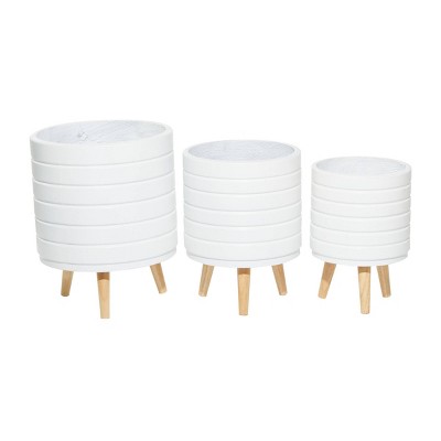 Set of 3 White Fiber Clay Etched Planters with Wooden Tripod Stand