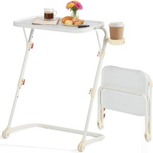 FurnitureR Adjustable Folding TV Tray with 4 Height & 3 Tilt Angle, Foldable Dinner Trays Laptop Snack Table with Cup Holder Sofa, 2PCS. White - 1 of 4