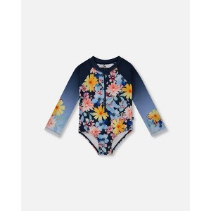 Deux par Deux Girl Printed Long Sleeve Rashguard Navy and Yellow and Pink Flowers - 1 of 4