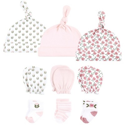 Image of Hudson Baby Girls Caps, Mittens and Socks Set, Wild Rose Modern Floral, 0-6 Months