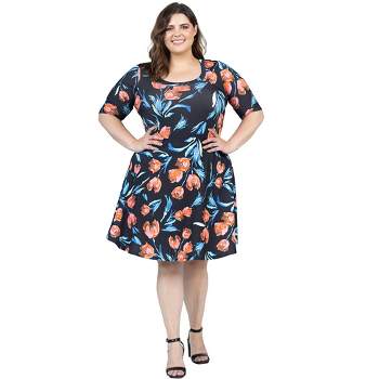 24seven Comfort Apparel Plus Size Black Floral Print Elbow Sleeve Knee Length Dress